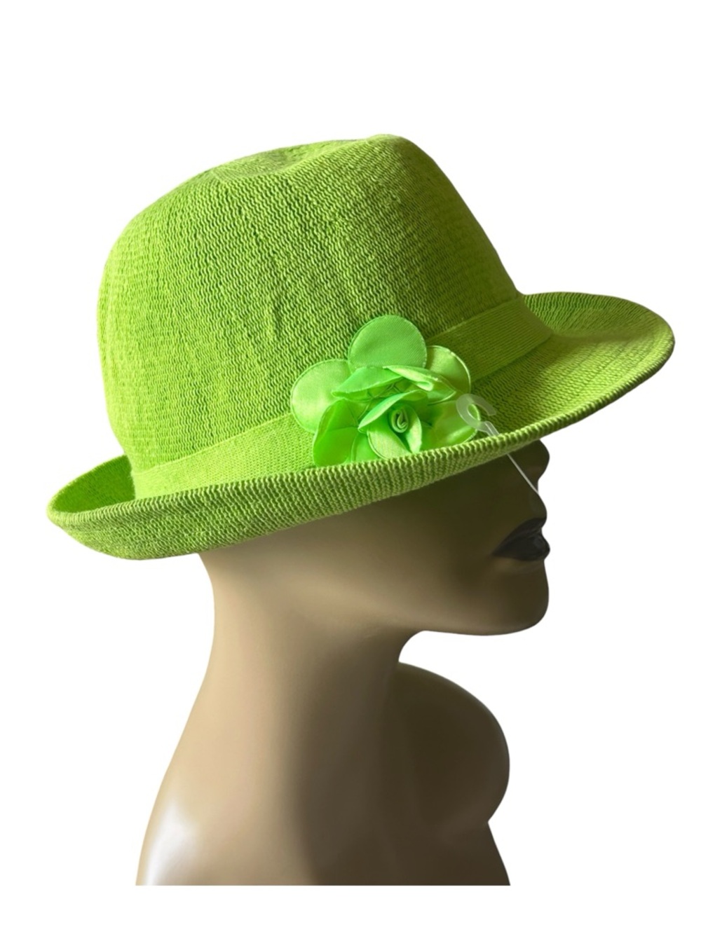 Vibrant Lime Green Fedora Hat with Decorative Floral Accent 100% Cotton